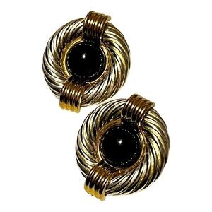 Ellen Kiam mixed metal pierced earrings with black cabachon.